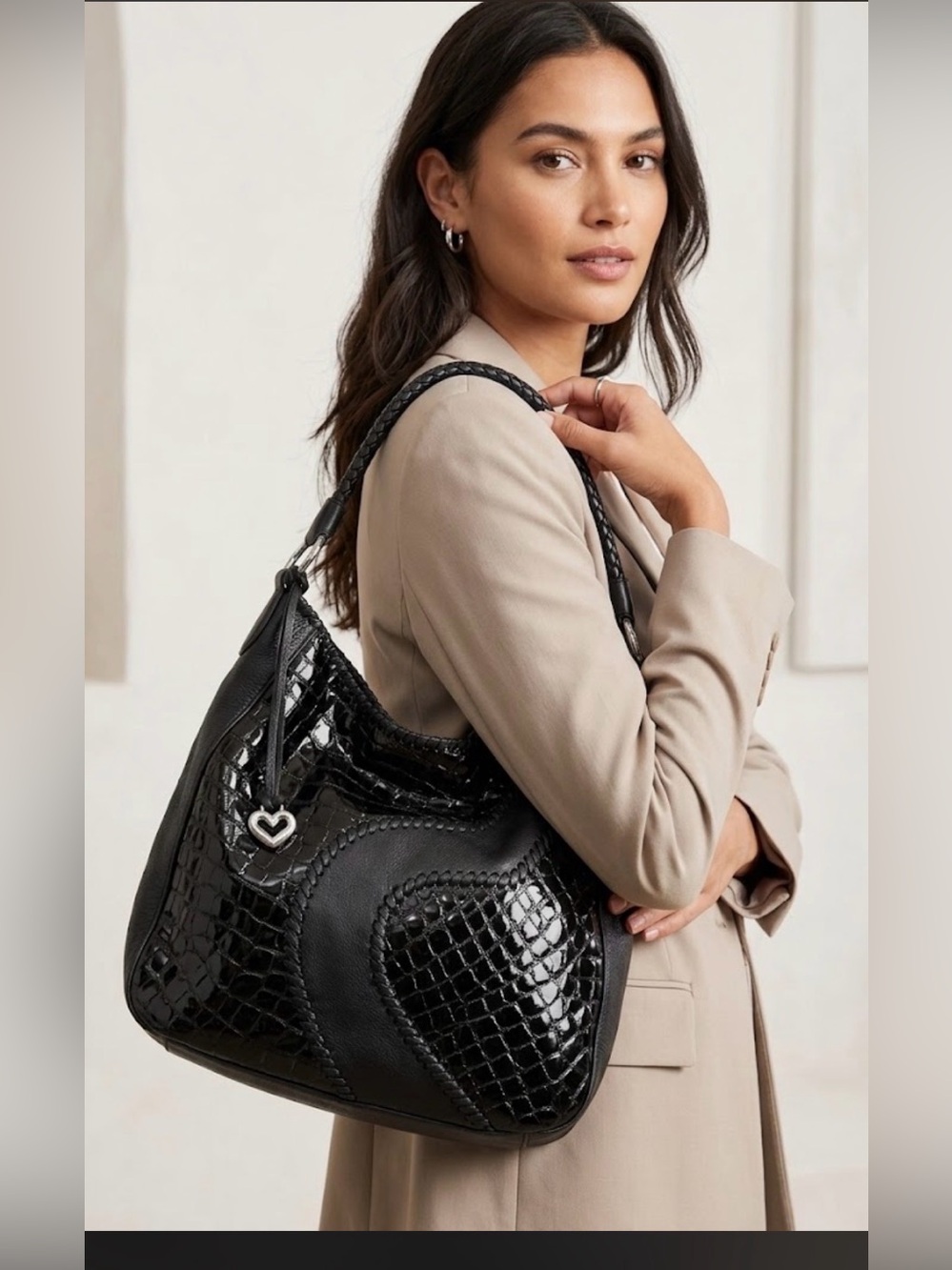 Brighton Black Leather Patchwork Croc Embossed Hobo Bag Silver Braided Strap
